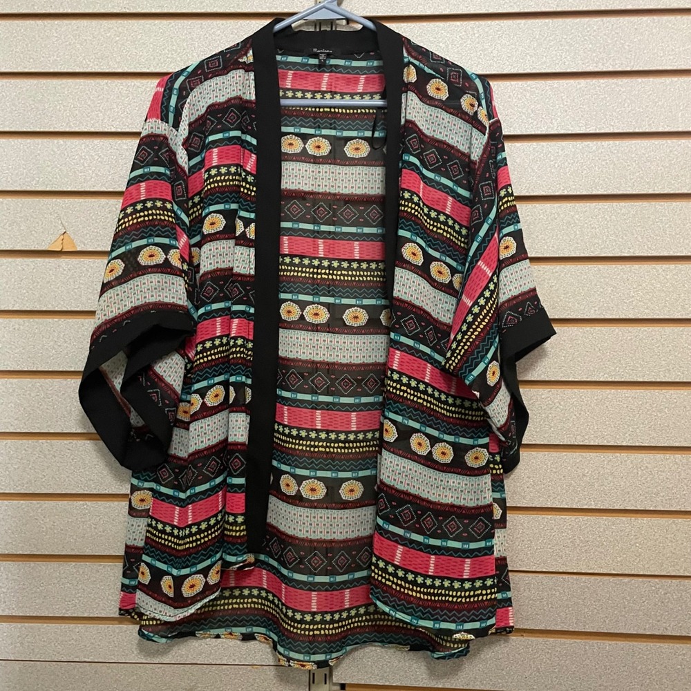 Monteau Womens Kimono Cardigan Geometric Print Black Pink Teal Yellow Size‎ L